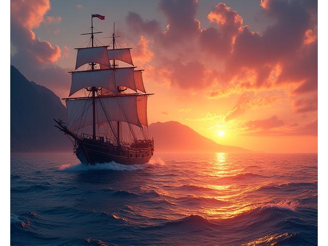 고대 범선이 한국 남해안을 항해하는 모습, 해상 무역로를 상징